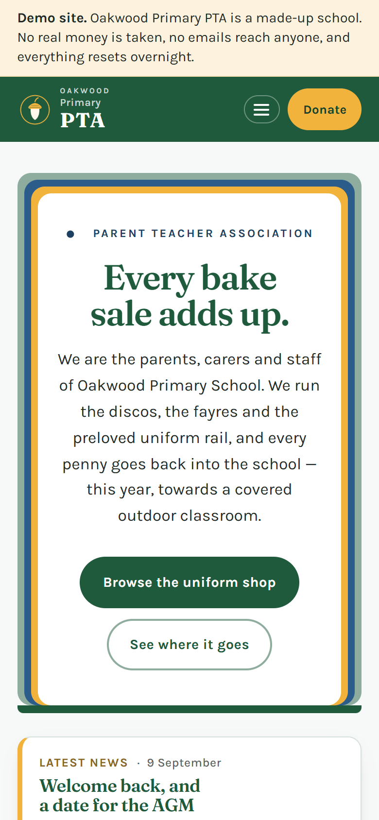 The demo site's home page on a phone.