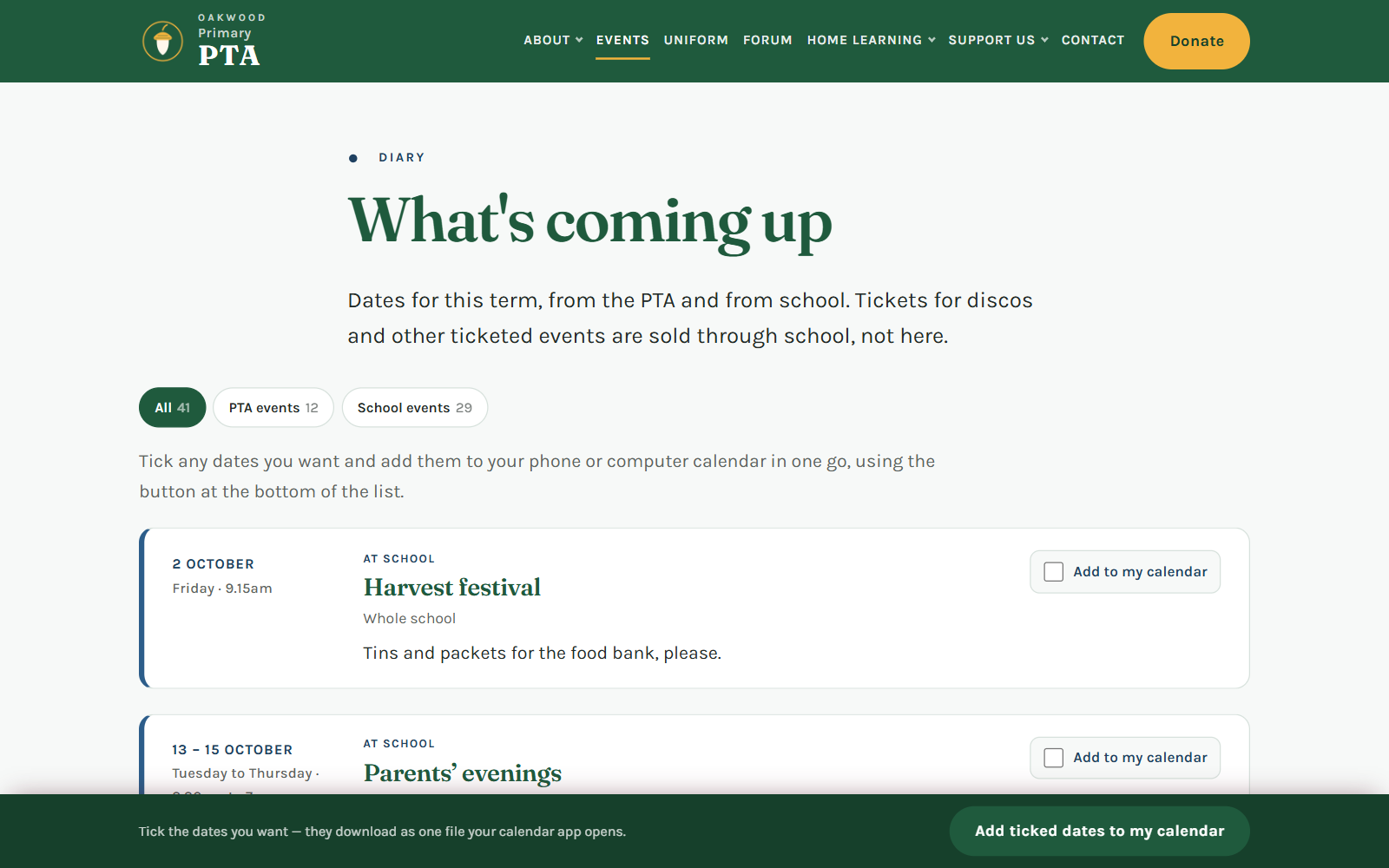 The diary page, listing PTA events and school term dates with tick boxes to add them to a calendar.